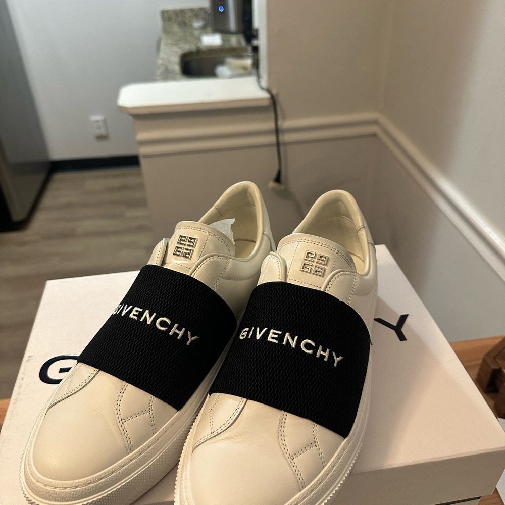 Givenchy White and Black Slip-On Sneakers with Bold Logo